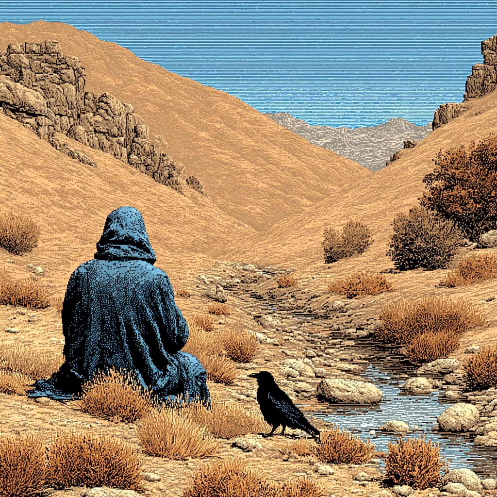 Biblical Elijah at the brook with a raven